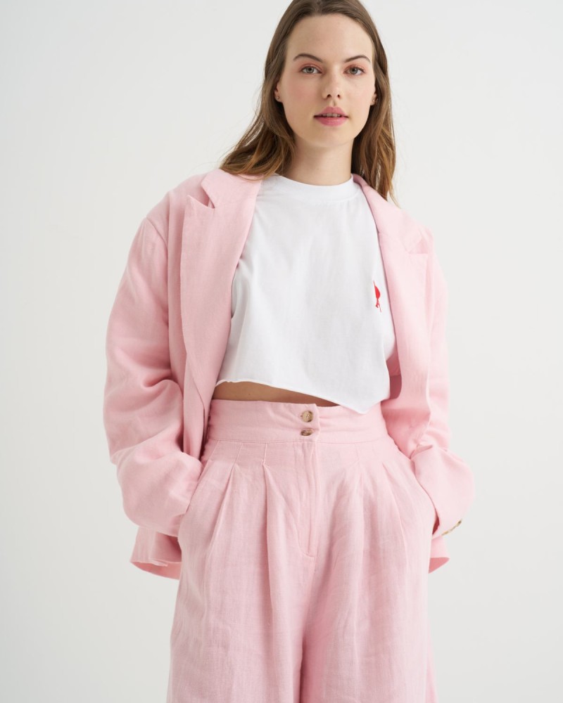 Pembe Çift Düğmeli Keten Panntolon