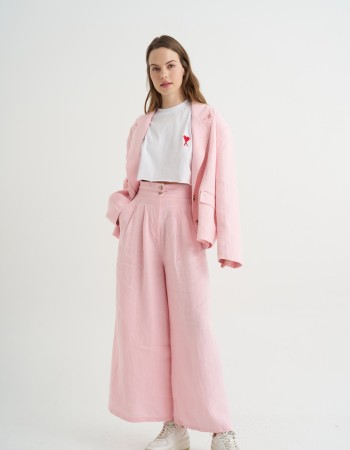 Pembe Çift Düğmeli Keten Panntolon