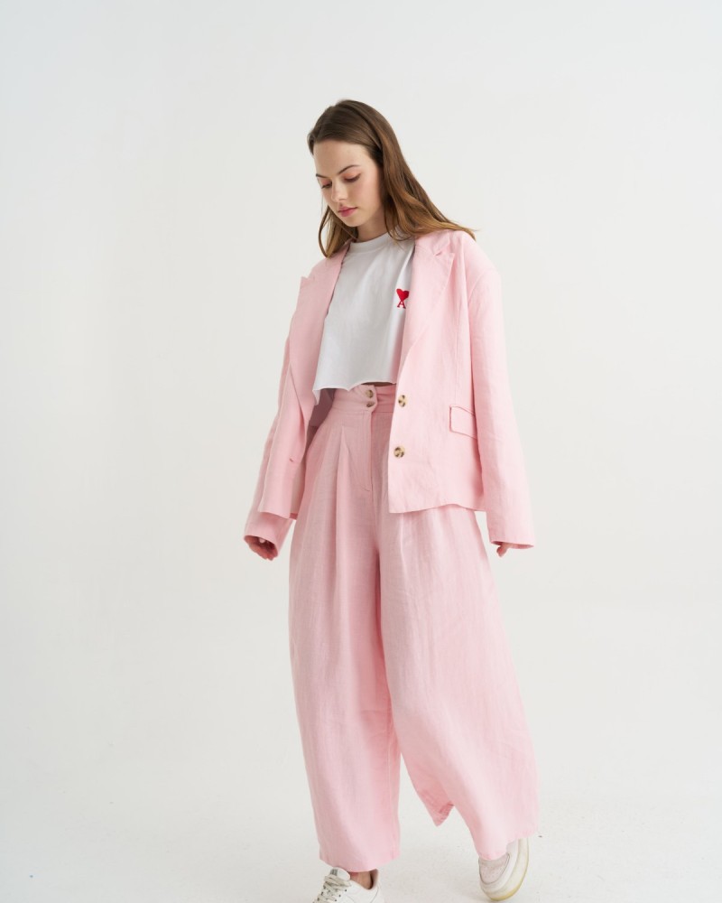 Pembe Çift Düğmeli Keten Panntolon