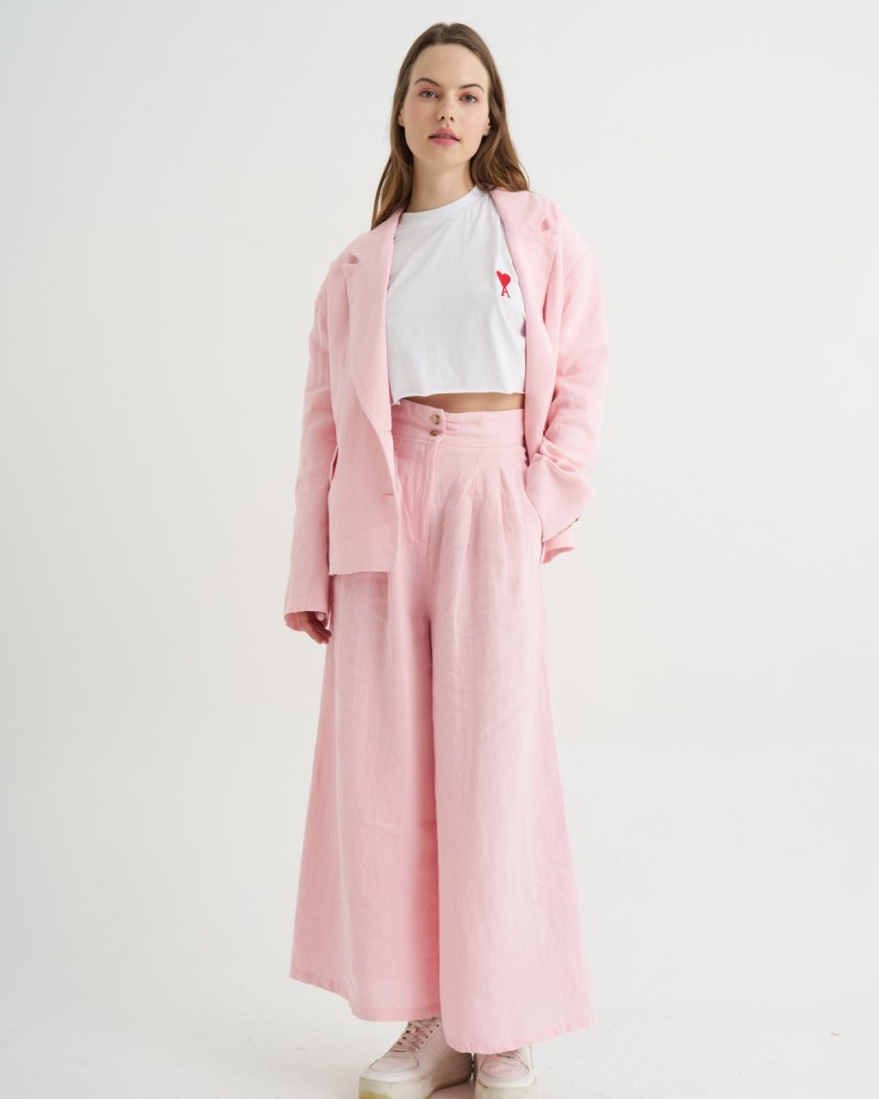 Pembe Çift Düğmeli Keten Panntolon