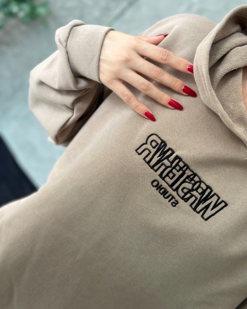 Kapşonlu 2 İplik Baskılı Sweatshirt Krem
