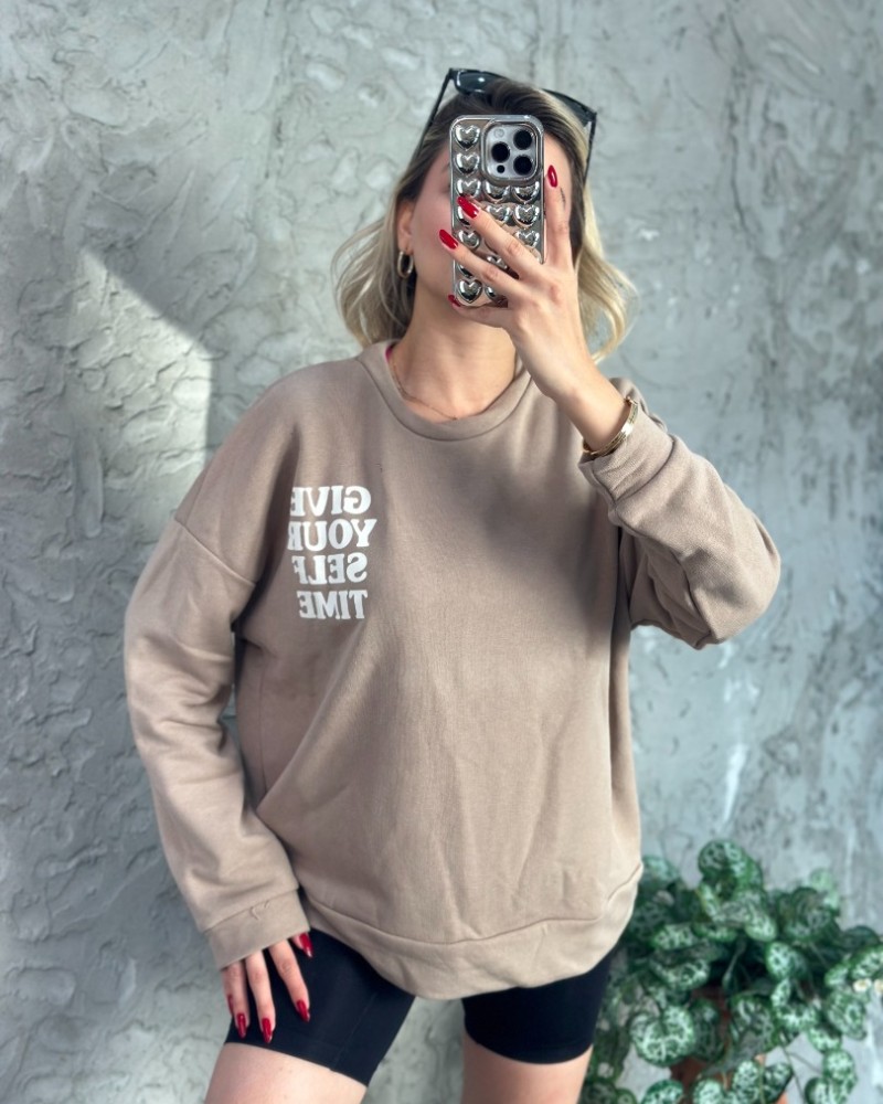 Give Baskılı Sweatshirt Krem