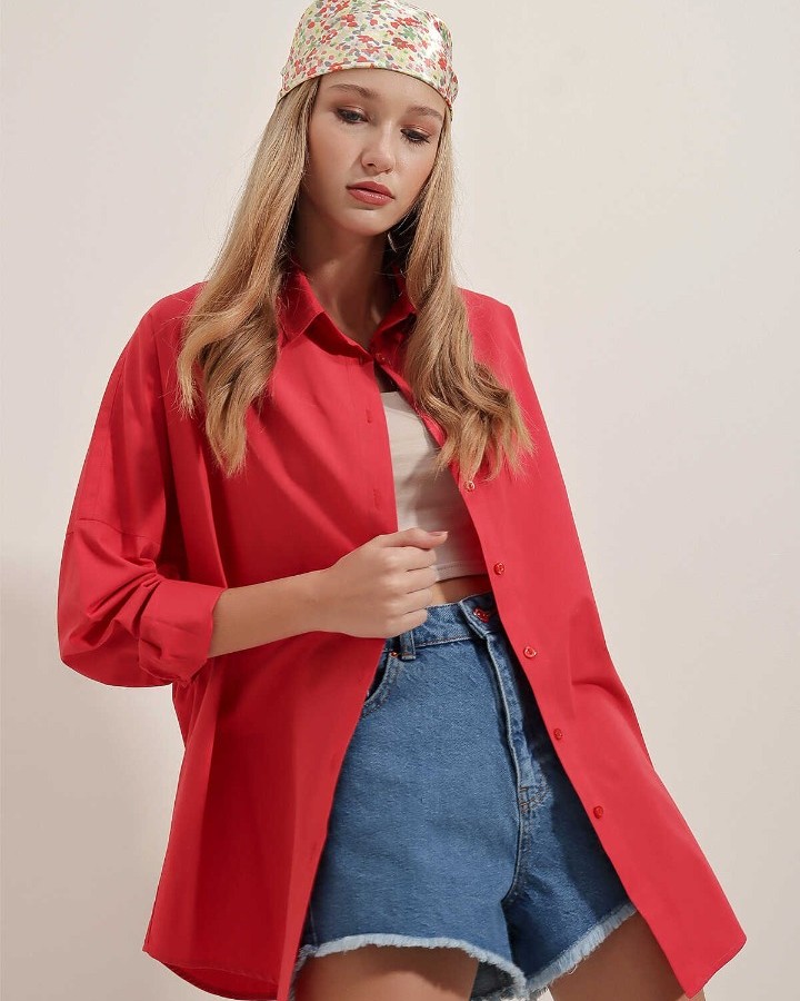 Oversize Uzun Basic Gömlek - Kırmızı
