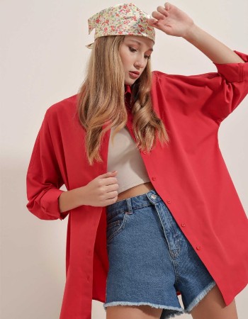 Oversize Uzun Basic Gömlek - Kırmızı