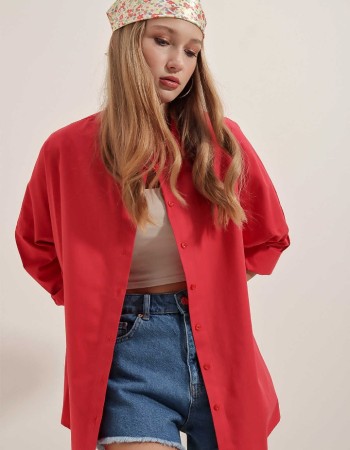 Oversize Uzun Basic Gömlek - Kırmızı