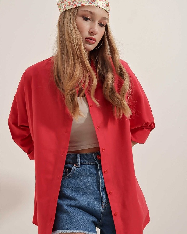 Oversize Uzun Basic Gömlek - Kırmızı
