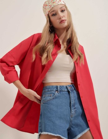 Oversize Uzun Basic Gömlek - Kırmızı