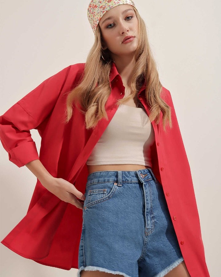 Oversize Uzun Basic Gömlek - Kırmızı