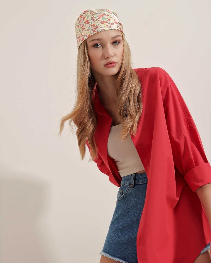 Oversize Uzun Basic Gömlek - Kırmızı