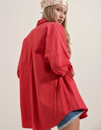 Oversize Uzun Basic Gömlek - Kırmızı