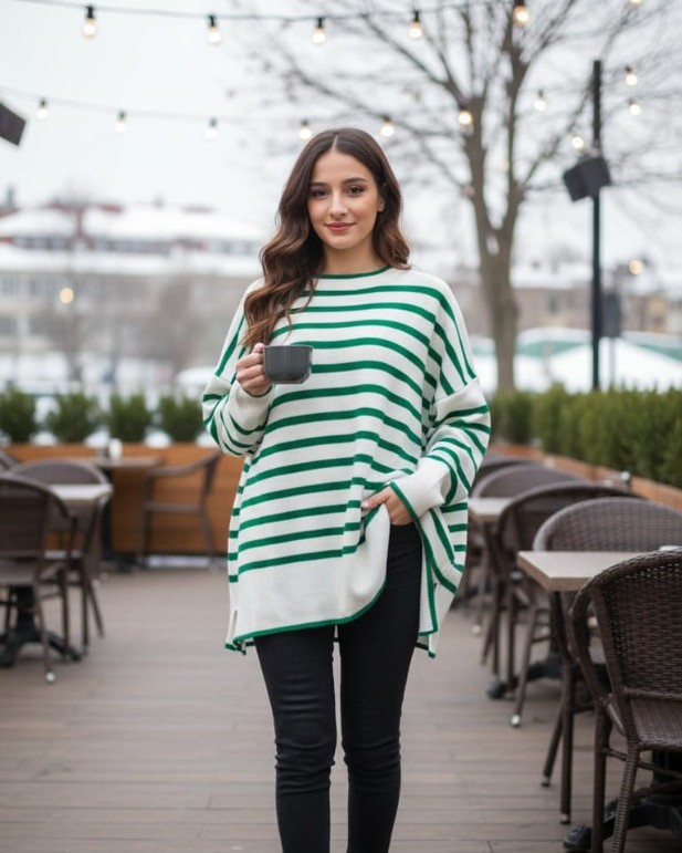 Kadın Oversize Çizgili Triko Kazak – Yeşil Beyaz