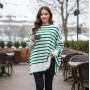 Kadın Oversize Çizgili Triko Kazak – Yeşil Beyaz