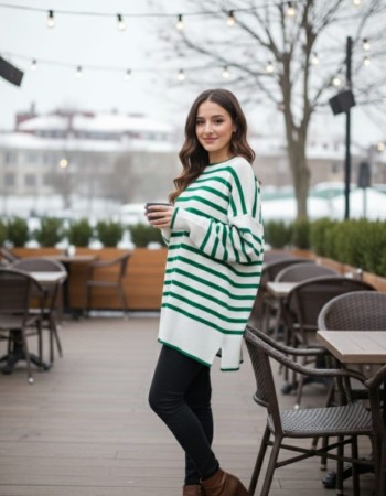 Kadın Oversize Çizgili Triko Kazak – Yeşil Beyaz