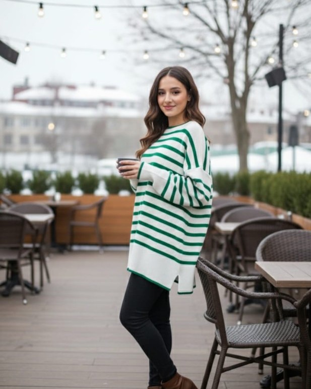 Kadın Oversize Çizgili Triko Kazak – Yeşil Beyaz