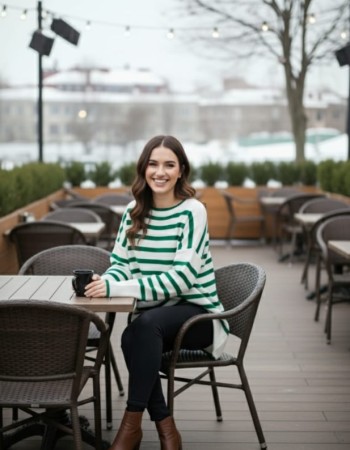 Kadın Oversize Çizgili Triko Kazak – Yeşil Beyaz