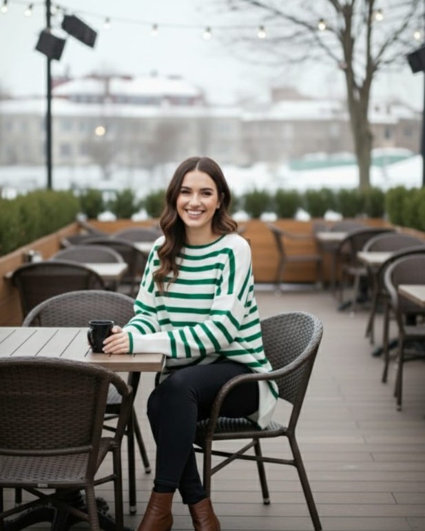 Kadın Oversize Çizgili Triko Kazak – Yeşil Beyaz