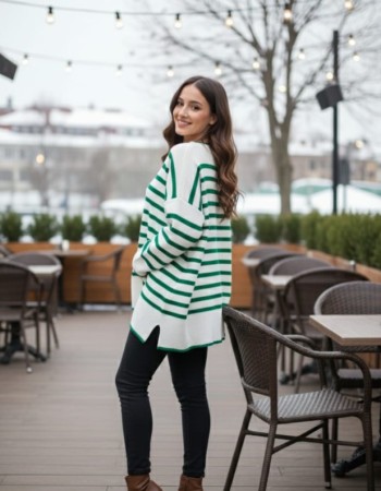 Kadın Oversize Çizgili Triko Kazak – Yeşil Beyaz