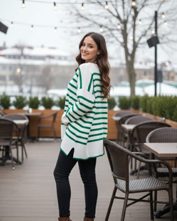 Kadın Oversize Çizgili Triko Kazak – Yeşil Beyaz