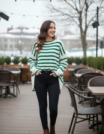 Kadın Oversize Çizgili Triko Kazak – Yeşil Beyaz