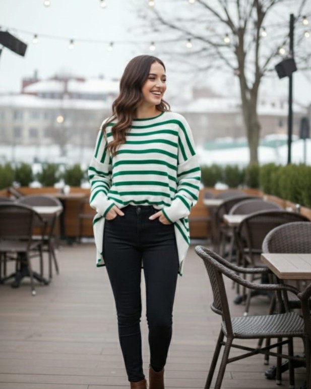 Kadın Oversize Çizgili Triko Kazak – Yeşil Beyaz