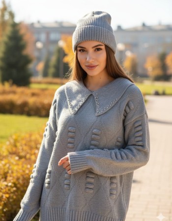 İnci Detaylı Gri Triko Kazak