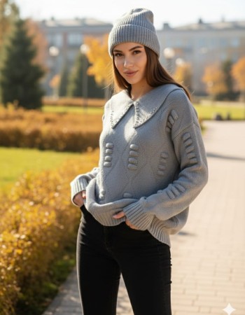 İnci Detaylı Gri Triko Kazak