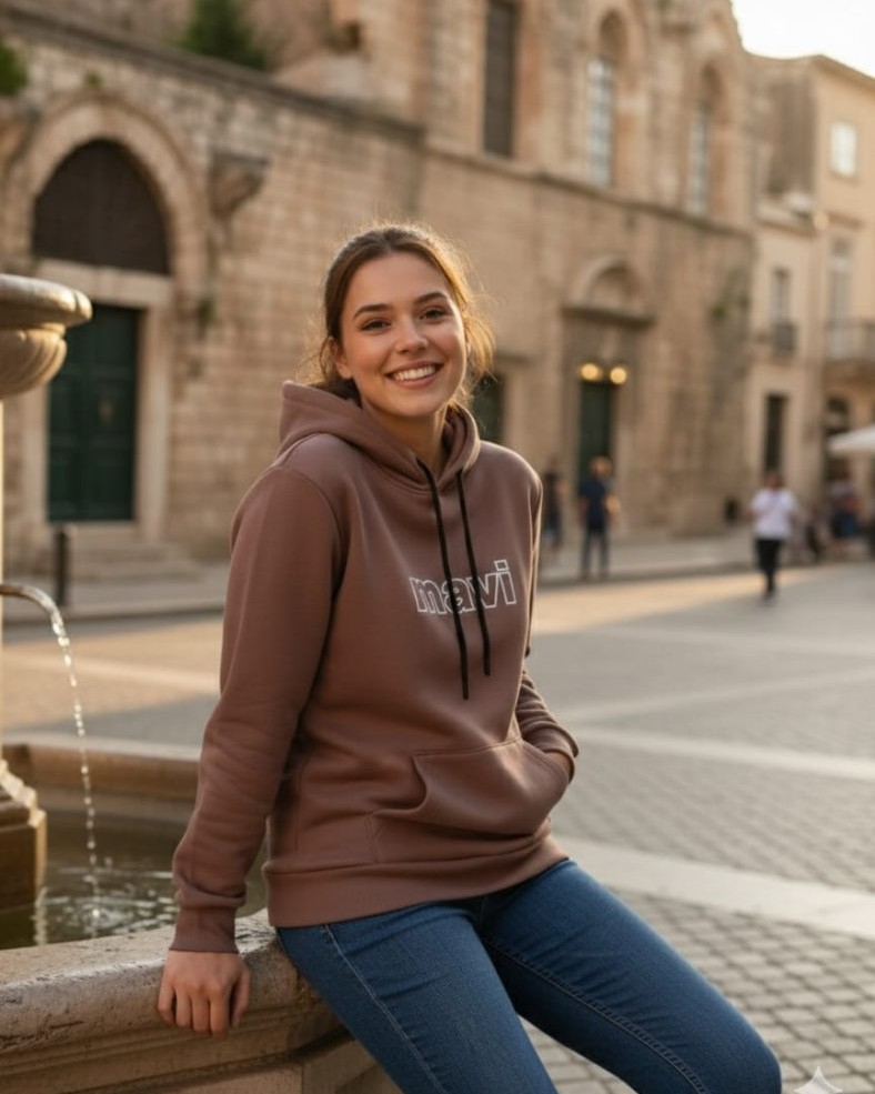 Kadın Kahverengi Mavi Baskılı Kapşonlu Sweatshirt