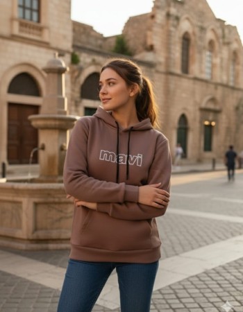 Kadın Kahverengi Mavi Baskılı Kapşonlu Sweatshirt