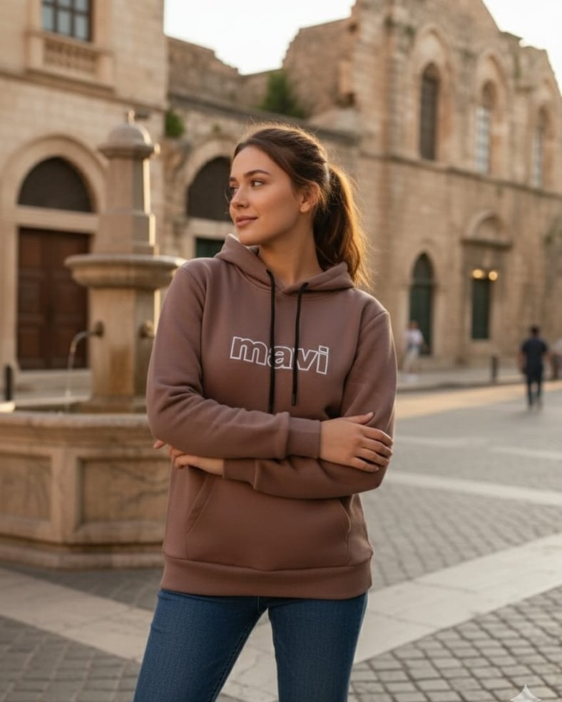 Kadın Kahverengi Mavi Baskılı Kapşonlu Sweatshirt