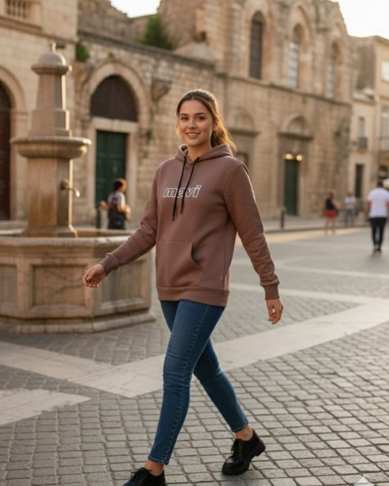 Kadın Kahverengi Mavi Baskılı Kapşonlu Sweatshirt