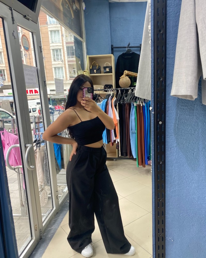 Arka Bel Lastikli Premium Palazzo Pantolon Siyah