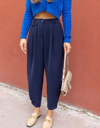 Baggy Paçası Düğme Detaylı Lacivert Pantolon