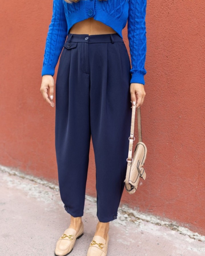 Baggy Paçası Düğme Detaylı Lacivert Pantolon