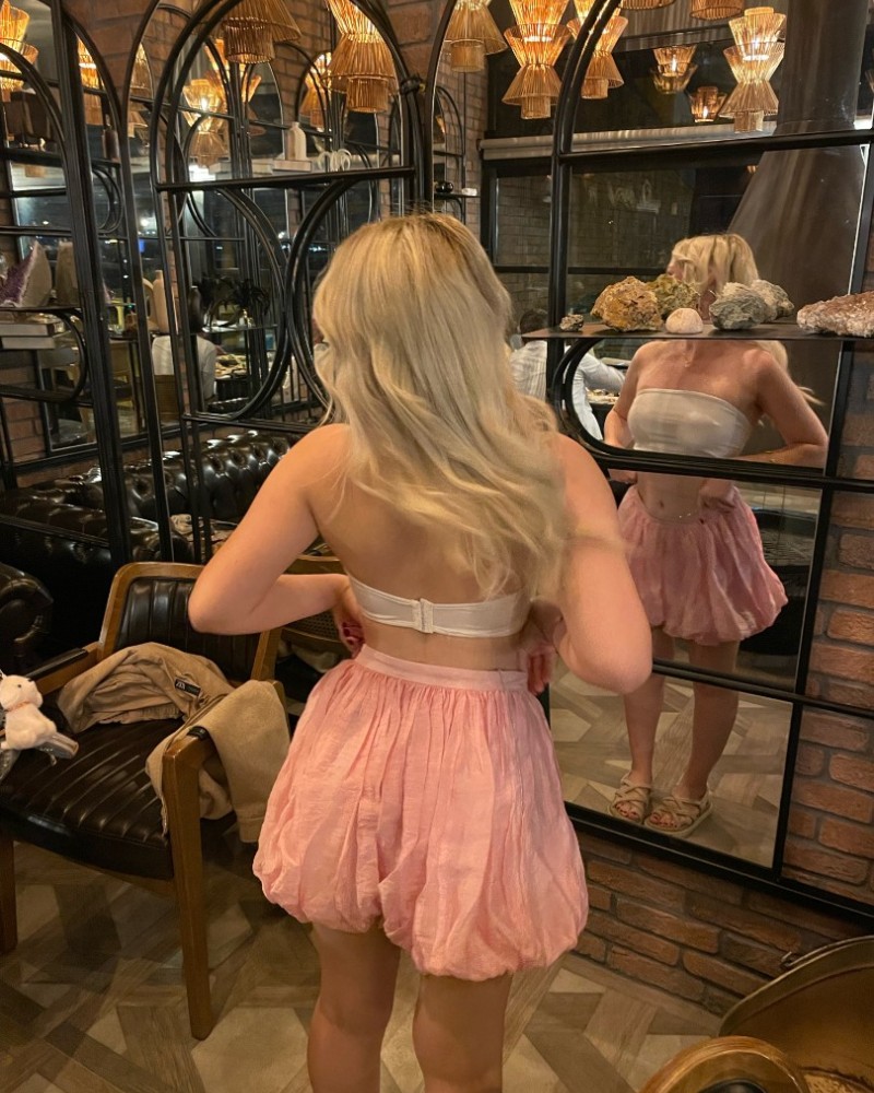 Keten Balon Şort Etek Pembe