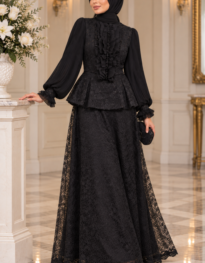 Siyah Işıltılı Dantel Peplum Tesettür Abiye Siyah Işıltılı Dantel Peplum Tesettür Abiye